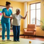 Idoso fazendo exercícios de equilíbrio com fisioterapeuta