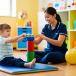 Criança em sessão de fisioterapia pediátrica