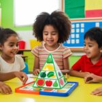 Crianças brincando com jogo educativo sobre alimentação saudável